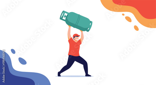 Strong man worker lifting a large green gas cylinder over his head symbolizing heavy labor and energy delivery service.