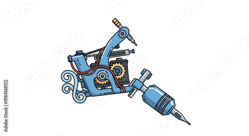 Detailed mechanical illustration of a professional rotary tattoo machine used by artists for creating body art and designs.