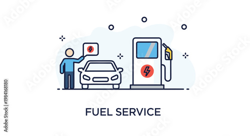 Sustainable fuel service concept illustration featuring an electric car charging at a modern power station for green travel.