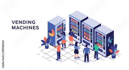 Group of people using various vending machines in a modern office or public space to buy snacks and drinks during a break.