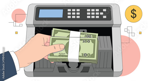 Hands of a businessman holding stacks of one hundred dollar bills while using a digital money counting machine in a bank.