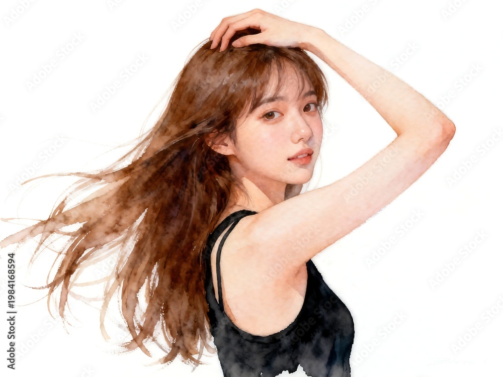 Obraz premium Watercolor Portrait of a Young Woman with Long Hair
