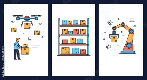 Modern automated warehouse operation featuring a delivery drone, robotic arm, and worker managing package inventory on shelves.