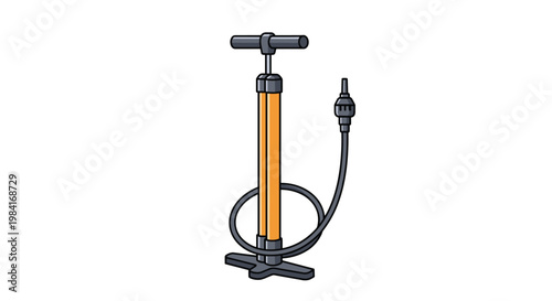 Manual vertical floor pump with a long hose and nozzle for inflating tires on bicycles, motorcycles, and sports balls.