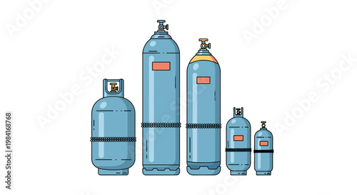 Set of five industrial gas cylinders of various sizes used for storing pressurized oxygen, propane, or medical gases.
