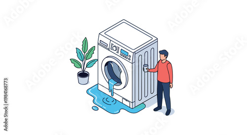 Isometric scene of a man holding a cup and looking confused at a leaking washing machine with a puddle on the floor.