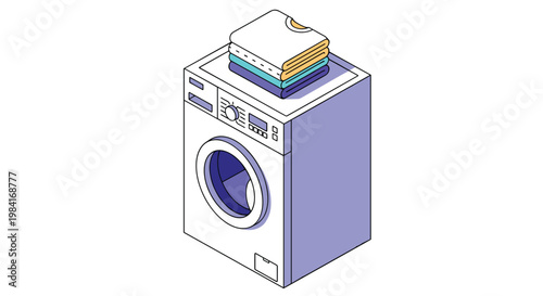 Isometric view of a modern front-loading washing machine with a neat stack of colorful folded laundry sitting on the top.
