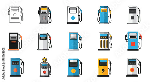 Diverse collection of colorful gas pump and EV charging station icons representing different fuel types and energy sources.