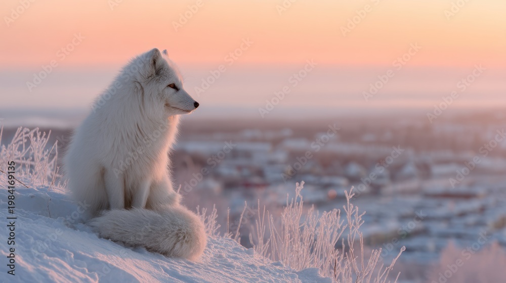 Fototapeta premium Arctic fox sitting on snowy hill during sunset. Polar animal in winter landscape with soft orange sky. Wildlife photography of predator in freezing environment at golden hour light.
