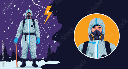 Person in a full hazmat suit with a gas mask standing in a snowstorm with lightning and a close up portrait.