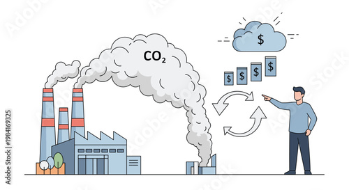 Industrial scene showing carbon dioxide emissions from factory chimneys and concepts of carbon trading and environmental finance.