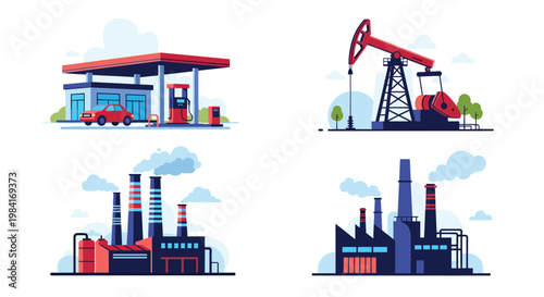 Collection of oil and gas industry illustrations featuring a fuel station, pump jack, and industrial factories with smoking chimneys.