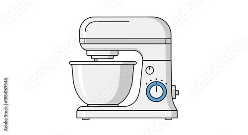 White electric kitchen stand mixer with a stainless steel bowl and control dial for baking and mixing food ingredients.