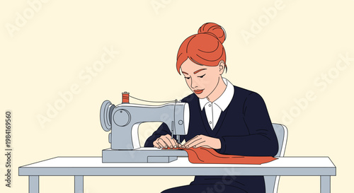 Professional seamstress working at a sewing machine to create a garment in a bright and clean studio environment.
