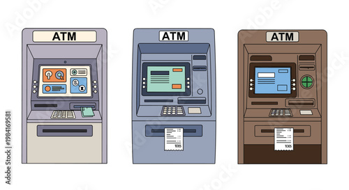 Collection of three different atm machine styles in various colors for banking and financial service illustrations.