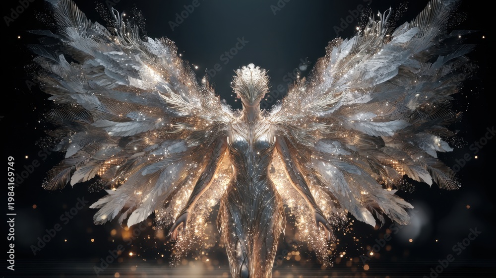 Fototapeta premium Angel woman with glowing metallic wings spreading light in dark space. Fantasy celestial being with intricate silver armor. Ethereal goddess symbol of hope, peace and divine power.