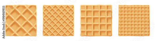 Waffle square cracker, international crepe pancake, stroopwafel icon wafer. Brunch emoji and cream croffle, pattern texture. Realistic dutch belgian syrup dessert, diamond chocolate vanilla cake