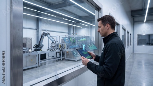 Engineer utilizes augmented reality on a digital tablet to monitor automated manufacturing processes in a smart factory, demonstrating Industry 4.0 innovation and operational efficiency