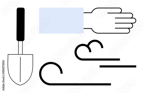 Gardening, outdoor work, manual labor, weather, farming, hobby. A hand, a trowel and wind lines in a minimal design. Gardening and outdoor work concept illustration