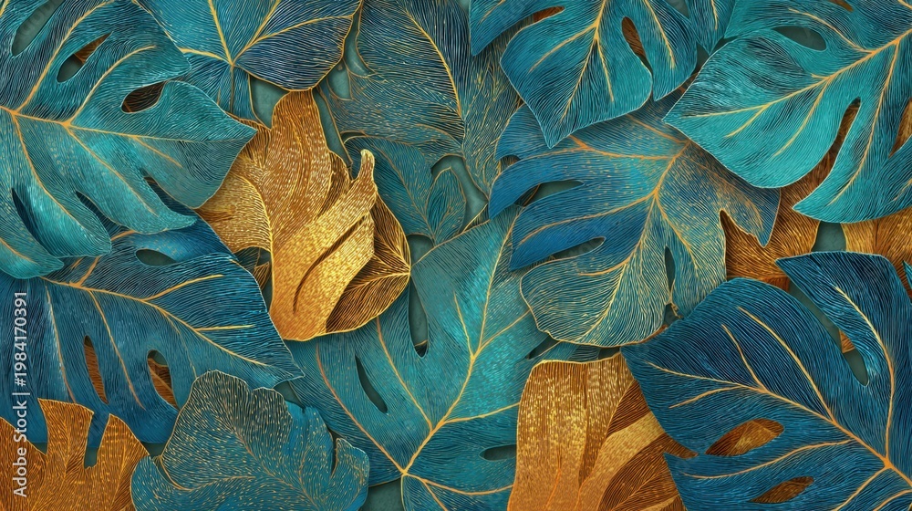Obraz premium Tropical monstera leaves background with gold veins. Decorative floral wall art for interior design. Luxury botanical pattern with blue and metallic gold foliage. Sophisticated nature texture.