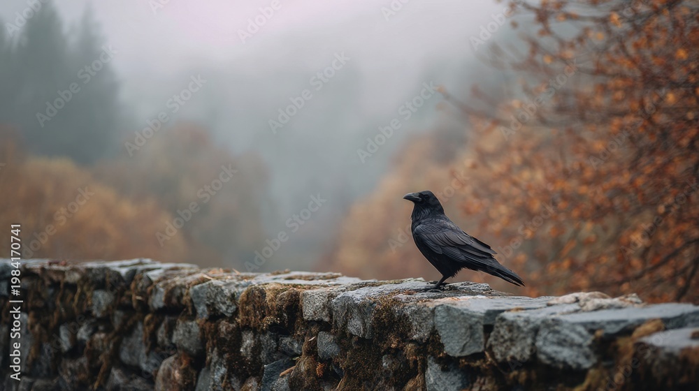 Obraz premium Black raven sitting on a mossy stone wall in a misty forest. Wildlife scenery with a dark bird in nature. Concept of mystery, autumn atmosphere and woodland wilderness landscape.