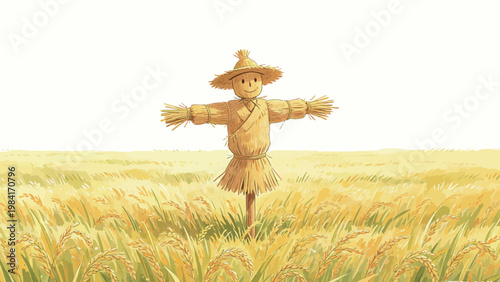 A Smiling Straw Scarecrow Standing Guard In A Golden Mature Rice Paddy, Warm Watercolor Illustration Of A Peaceful Autumn Countryside Harvest Scene