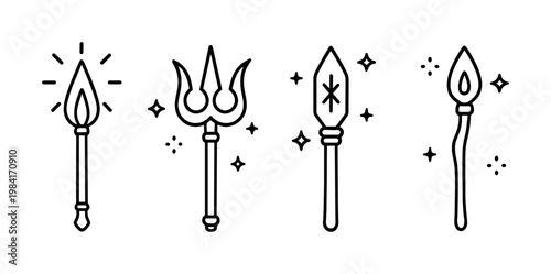 Line art magic wands and staffs with enchanting symbols and sparkles