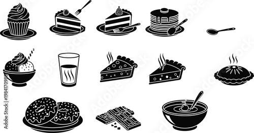 Vector collection of minimalist black and white dessert icons featuring cupcake cake slices pancakes ice cream donuts and chocolate isolated on white background for design