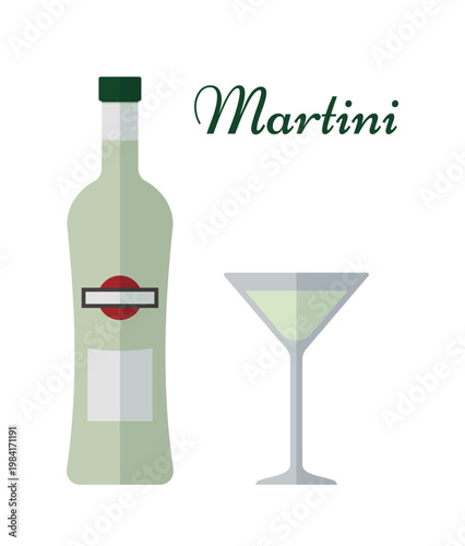 Colored martini bottle and glass linear icons. Beverage. Alcohol drinks with wineglasses isolated on white background. Thin line objects in flat design. Vector illustration.