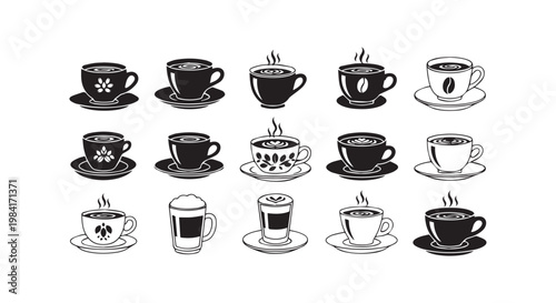 Set of 15 various black and white coffee cups and mugs with steam. cafe, restaurant beverage icons.