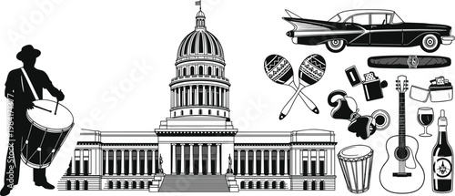 Vector collection of minimalist black and white Cuba icons featuring Havana Capitol building classic vintage car maracas cigars guitar and traditional drummer isolated on white