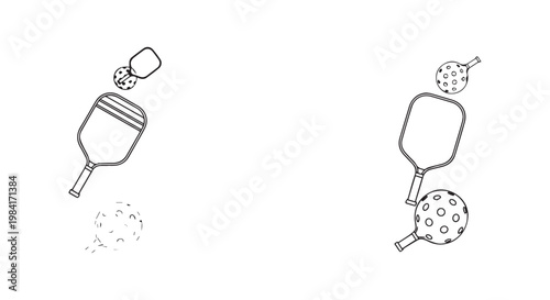 Pickleball paddles and balls isolated on white background. set of line art drawing vector illustrations.