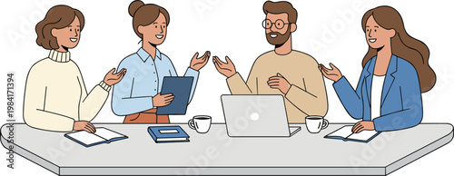 Modern flat line vector illustration of diverse business colleagues sitting at a table having a productive team meeting and discussion with laptop and coffee in office.