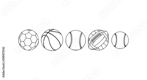 Selection of classic sports balls including soccer basketball baseball and american football equipment outline icons set.