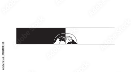 Minimalist black and white car interior silhouette driving down road perspective view with dashboard steering wheel vector.