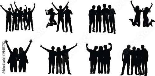 Vector collection of minimalist black and white icons featuring groups of happy friends in various joyful poses like jumping cheering and taking selfies isolated