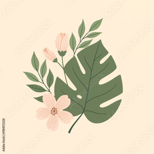 Botanical illustration featuring a green Monstera deliciosa leaf, light pink flowers, and delicate green foliage branches set against a solid cream background in a flat vector style.