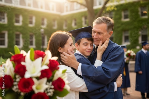 Family Hugging Graduate Outside Ivy League Building