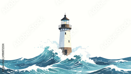 Lighthouse Standing Strong Amidst Crashing Stormy Ocean Waves, Minimalist Watercolor Illustration on a Plain Background