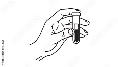 Human hand holding a medical test tube with a liquid sample, symbolizing scientific research, laboratory analysis, and healthcare diagnostics in a minimalist line art illustration.