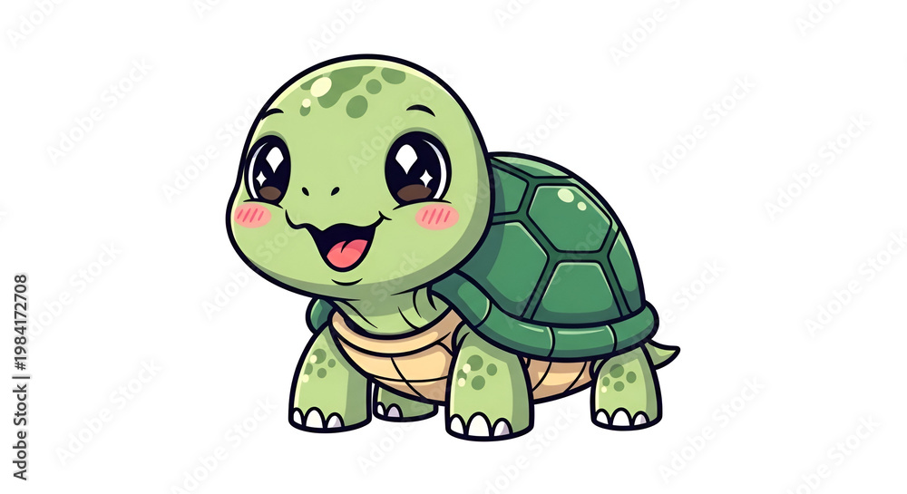 Obraz premium Cute green turtle cartoon with big eyes and cheerful expression, smooth details, standing on a clean white background, perfect for kids design and mascot.
