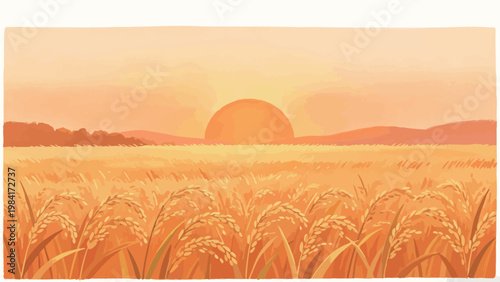 Serene Sunset Over A Vast Golden Ripening Rice Field, Gentle Autumn Harvest Scenery Illustrated In Warm Tonal Art Style