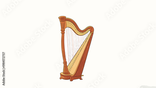 Hand-Drawn Illustration of a Traditional Wooden Harp Isolated on a Plain Light Off-White Background, Showcasing the Classic Triangular Frame and Strings of this Folk String Instrument