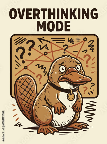 Cartoon platypus in thinking mode expression.