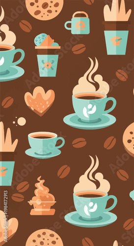 Seamless coffee pattern illustration featuring teal ceramic cups on saucers with steam, whole coffee beans, cookies, and takeout cups on a dark brown background for cafe decor.