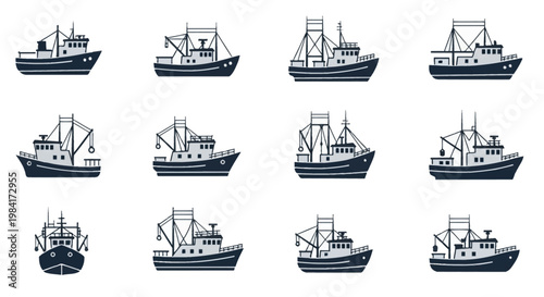 Collection of twelve commercial fishing boat and industrial trawler vessel icons. Flat vector set of nautical ships featuring detailed masts, rigging, and cabins isolated on a white background.
