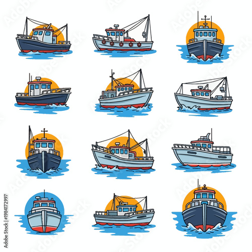 Collection of twelve commercial fishing boat icons and trawler illustrations featuring industrial vessels in side and front perspectives with ocean waves and yellow sun backgrounds.