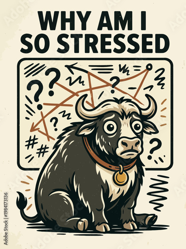 Stressed Bull with Question Marks Around.