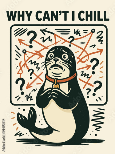 Stressed cartoon seal with question marks.