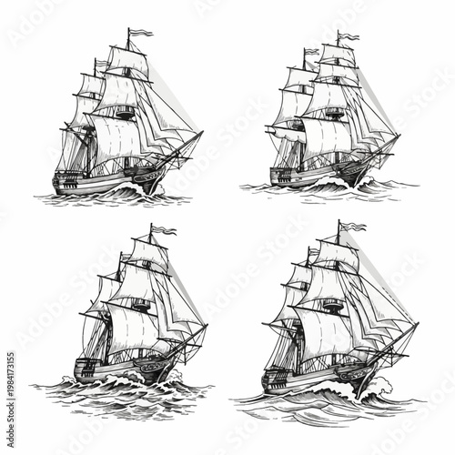 Set of four hand-drawn vintage style black and white illustrations of historical sailing ships with multiple masts, rigging, and large sails navigating through ocean waves.